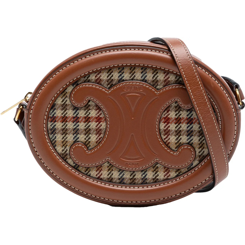 Celine Schultertasche Small Houndstooth Canvas and Calfskin Cuir Triomph braun