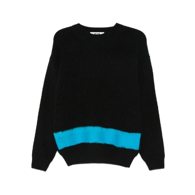 MSGM Trui Knitted Sweater With Turquoise Stripe Hem Detail Black
