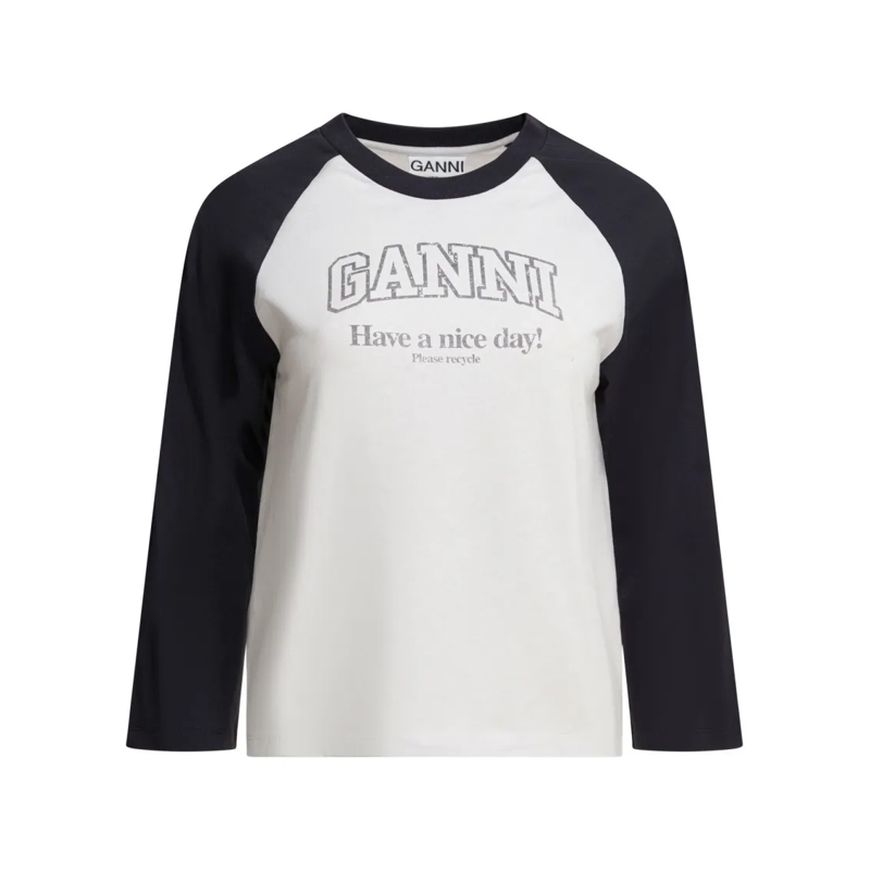 GANNI Langärmeliges Oberteil Long-Sleeve Baseball T-Shirt With Eco-Message White