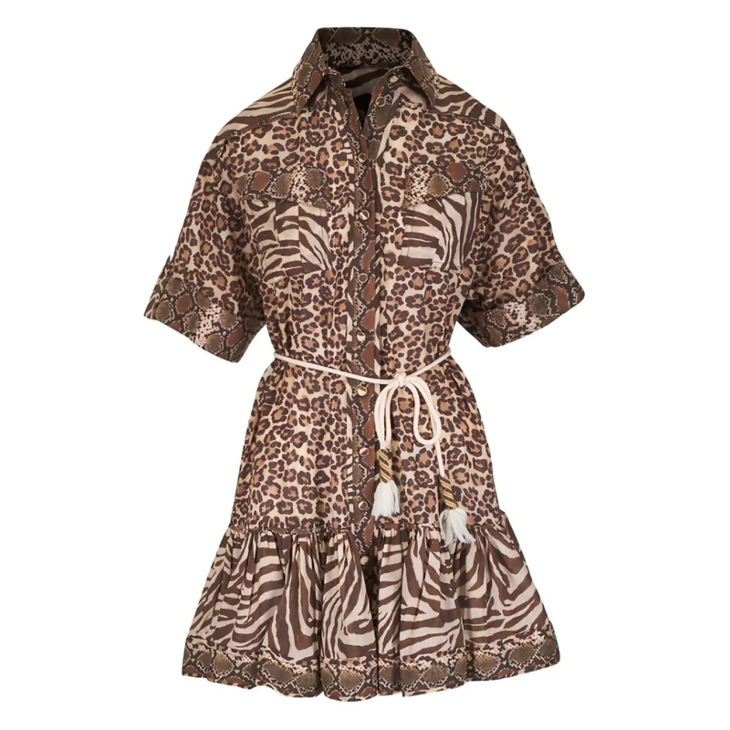 Zimmermann Minikleid Multicolour Animal Print Mini Dress With Ruffled H Brown