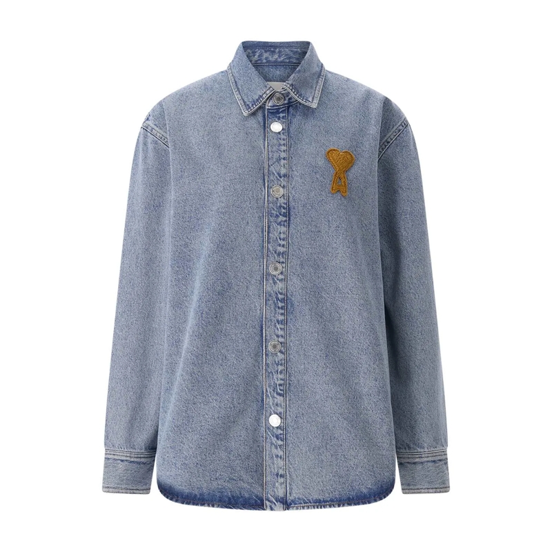 AMI Paris Hemd Denim Shirt With Classic Collar And Embroidered He Blue