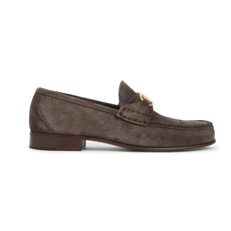 Valentino Garavani Mocassin Brown Leather Loafers With Gold-Tone Logo Detail Grey