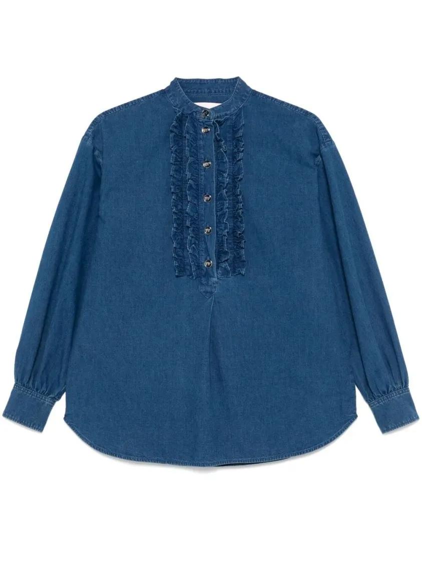 Thumbnail - Valentino Garavani - Classic Blue Denim Shirt With Ruffled Placket - Größe 42 - blau