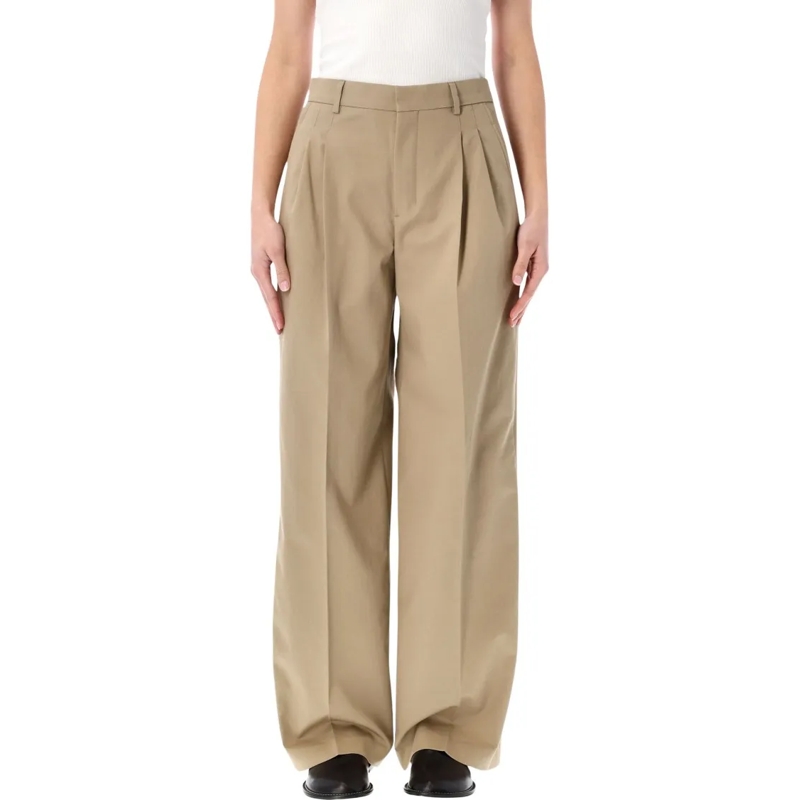 AMI Paris  Low Waist Wide Leg Cotton Trousers Neutrals
