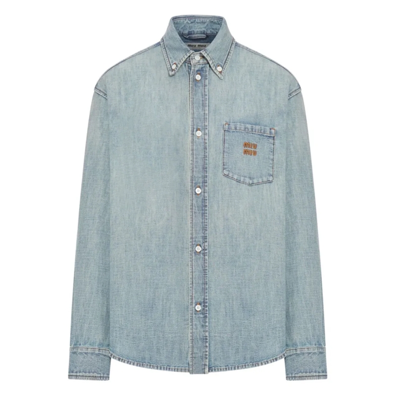 Miu Miu Overhemd Stonewashed Oversized Chambray Shirt With Embroide Blue