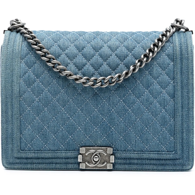 Chanel Schultertasche Large Quilted Denim Boy Flap blau