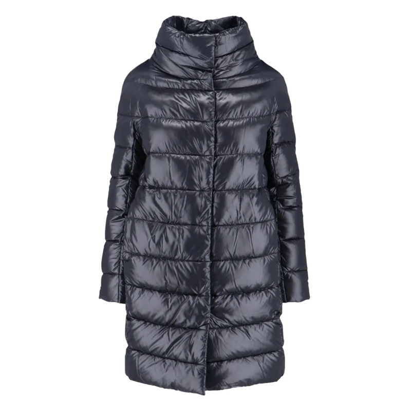Herno  Navy Long Puffer Jacket With High Collar Blue