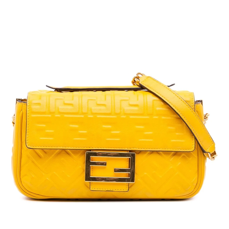 Fendi Schultertasche Zucca Embossed Leather Chain Midi Baguette gelb