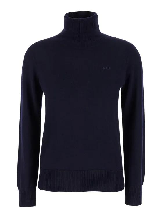 A.P.C. - Blue High Neck Sweater With Logo Embroidery In Woo - Größe L - blau