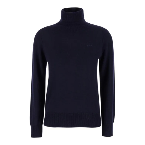 A.P.C.  Blue High Neck Sweater With Logo Embroidery In Woo Blue