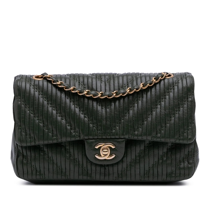 Chanel Sac à bandoulière Medium Chevron Calfskin Coco Pleats Double Flap grün