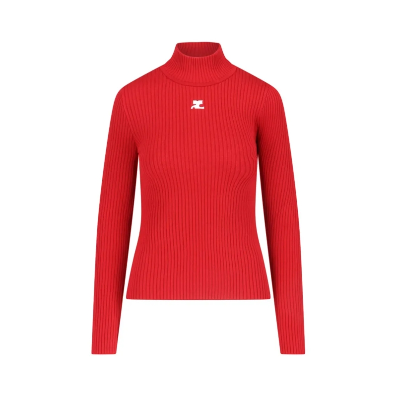 Courrèges Trui met col High-Neck Ribbed Turtleneck With Embroidered Logo Red