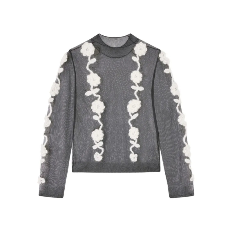 GANNI Pull Sheer Black Long-Sleeve Top With Floral Appliqués Grey
