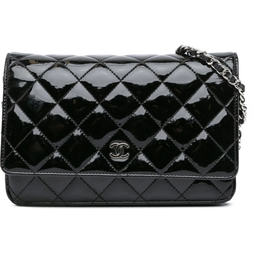 Chanel Porte-cartes CC Quilted Patent Wallet On Chain schwarz