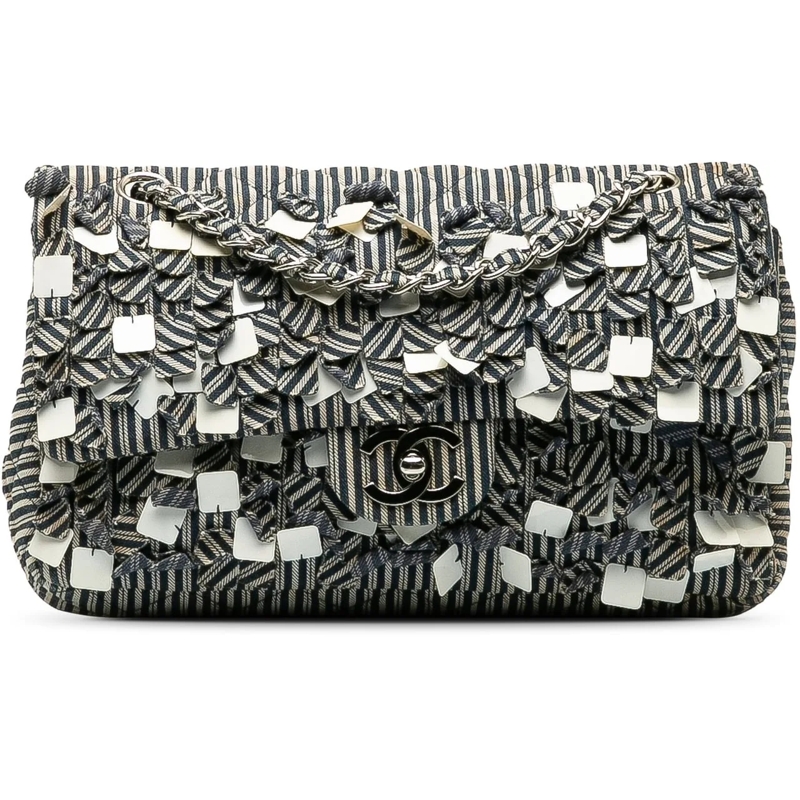 Chanel Schoudertas Medium Cotton Striped Double Flap blau