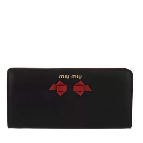 Miu Miu Wallet Rectangular With Bow Soft Calf Leather Nero/Fuoco Zip-Around Wallet