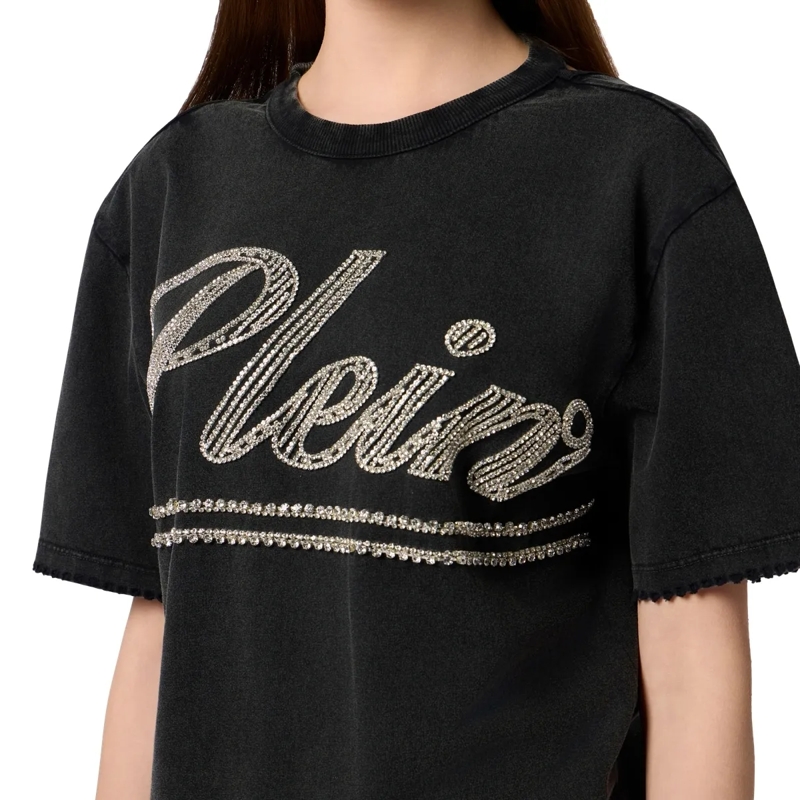 Philipp Plein Midikleid Open Back T-Shirt Dress Strass Signature schwarz(Image 5)