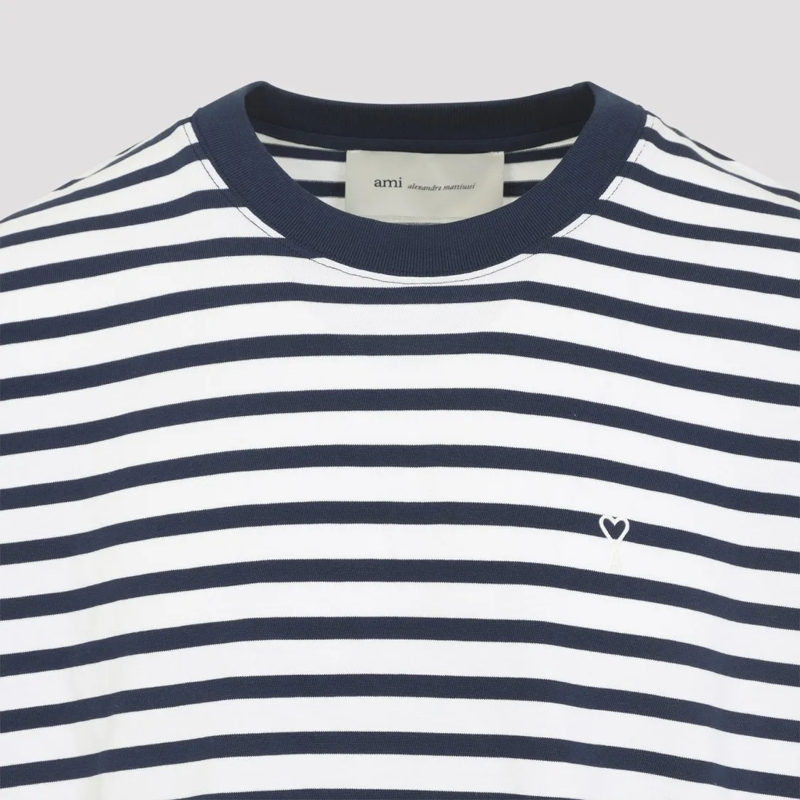 AMI Paris T-Shirt Classic White T-Shirt With Navy Stripe Detail Grey(Image 8)