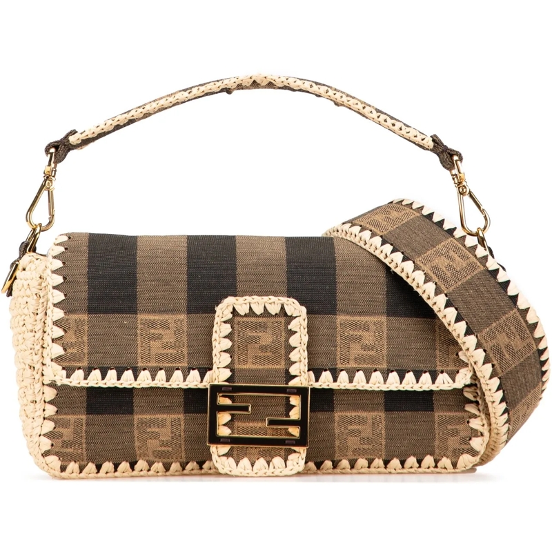 Fendi Schultertasche Pequin Gingham Canvas And Raffia Baguette Satchel braun