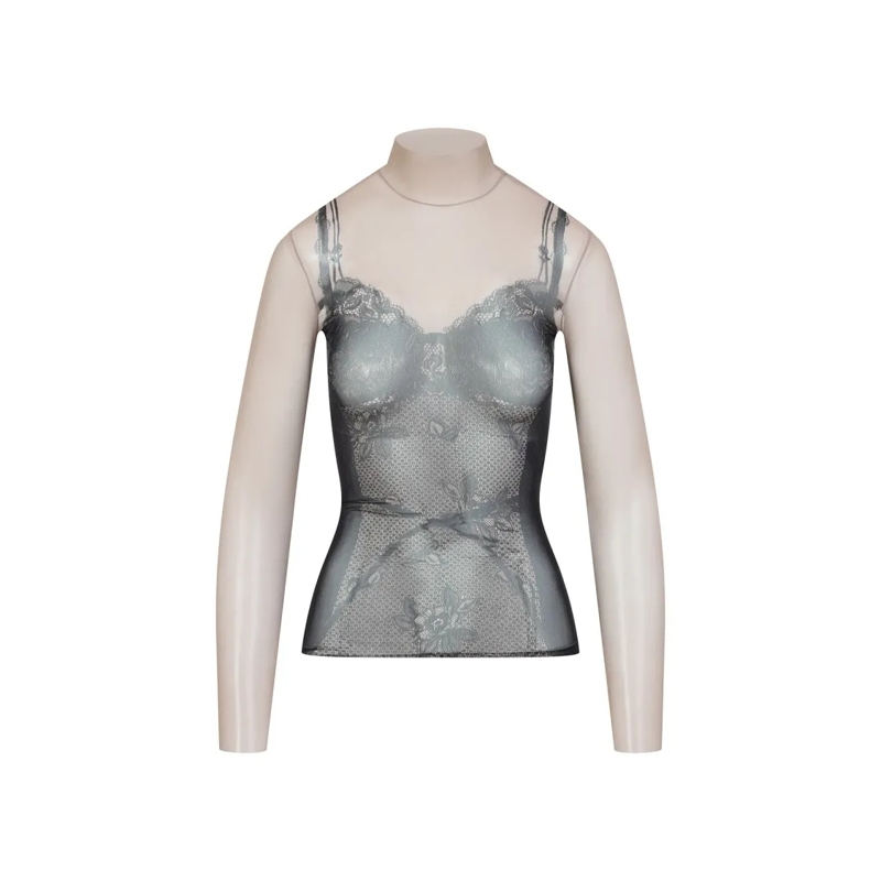 Balenciaga Langärmeliges Oberteil Sheer Mesh Top With Floral Patterns Neutrals