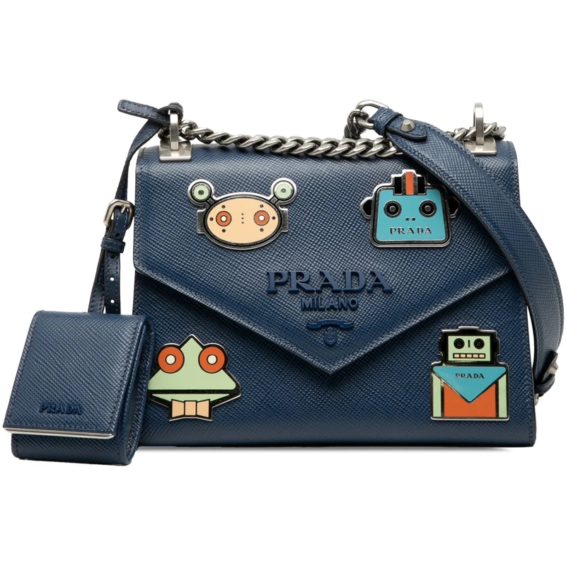 Prada Schultertasche Saffiano Cuir Monochrome Robot Patches Envelope Ch blau