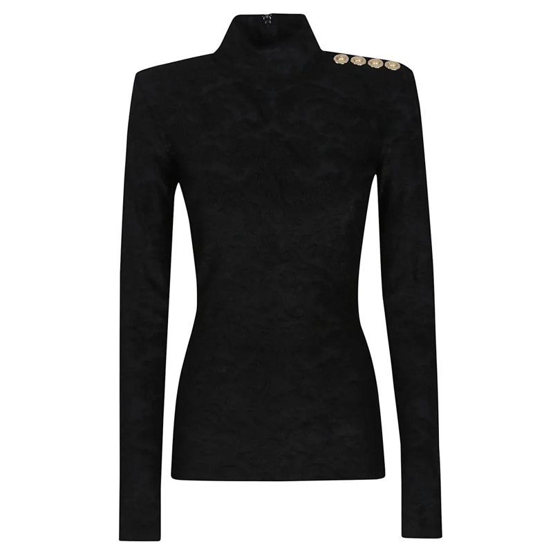 Balmain Langärmeliges Oberteil Baroque Bouclette Motif Black Top Black