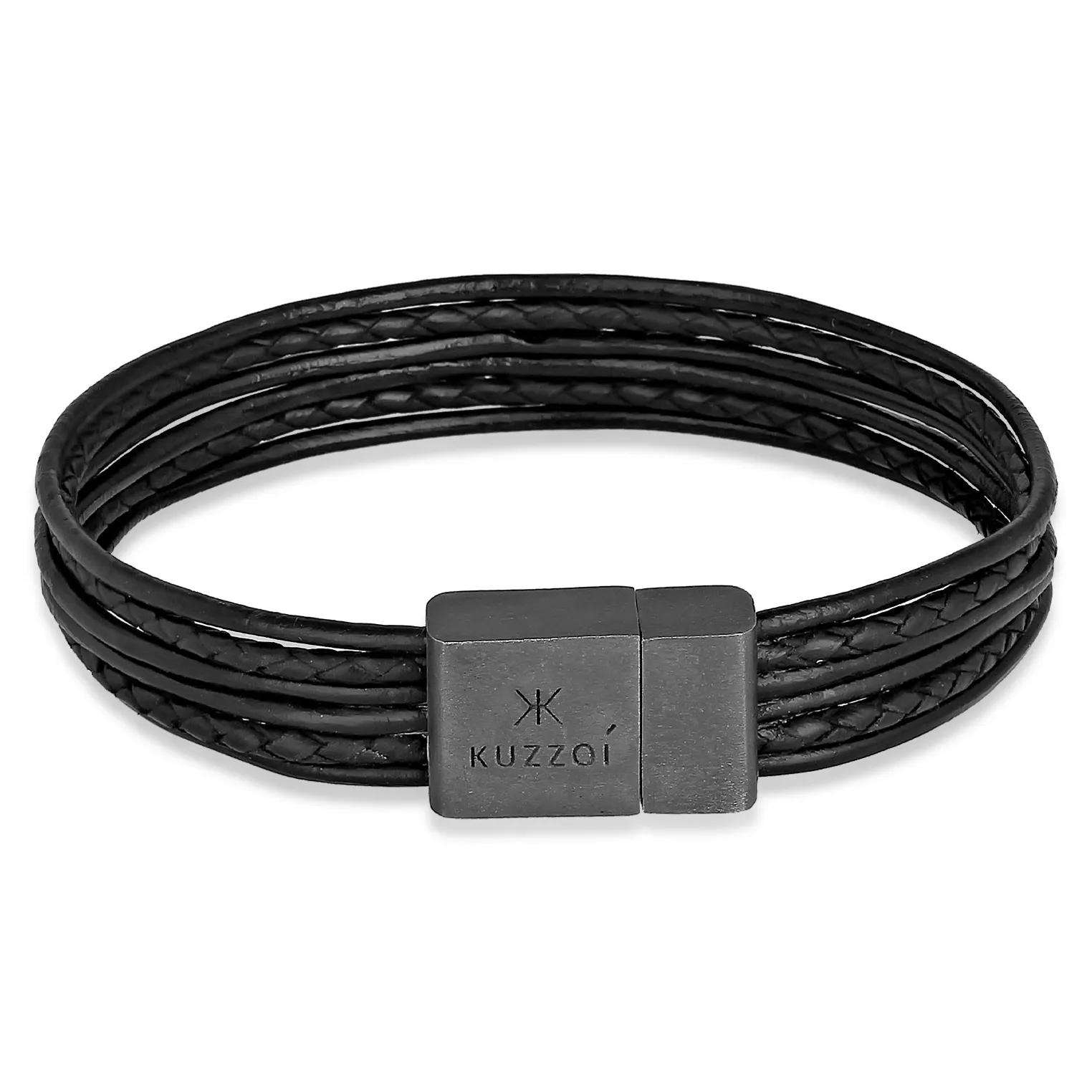 Kuzzoi Armbänder - Armband Leder 6-reihig Magnet Basic 925 Silber oxi - Gr. 21 CM - in Schwarz - für Damen