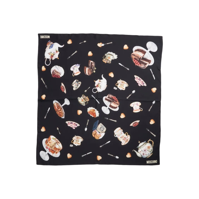 Moschino Lichtgewicht Sjaal Detailed Print Silk Scarf Black
