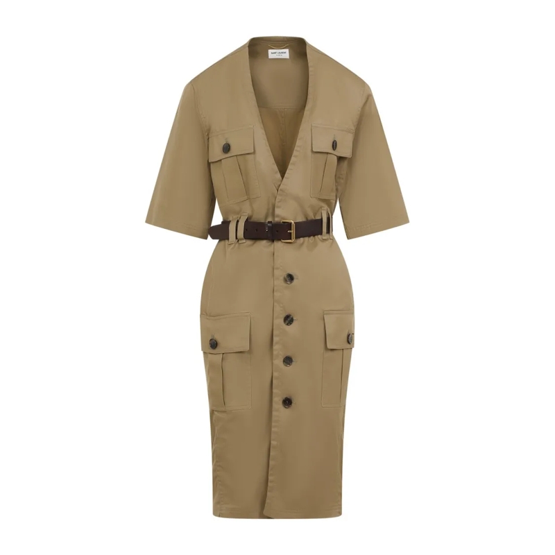 Saint Laurent Midi-jurk Beige Cotton Belted Dress Brown