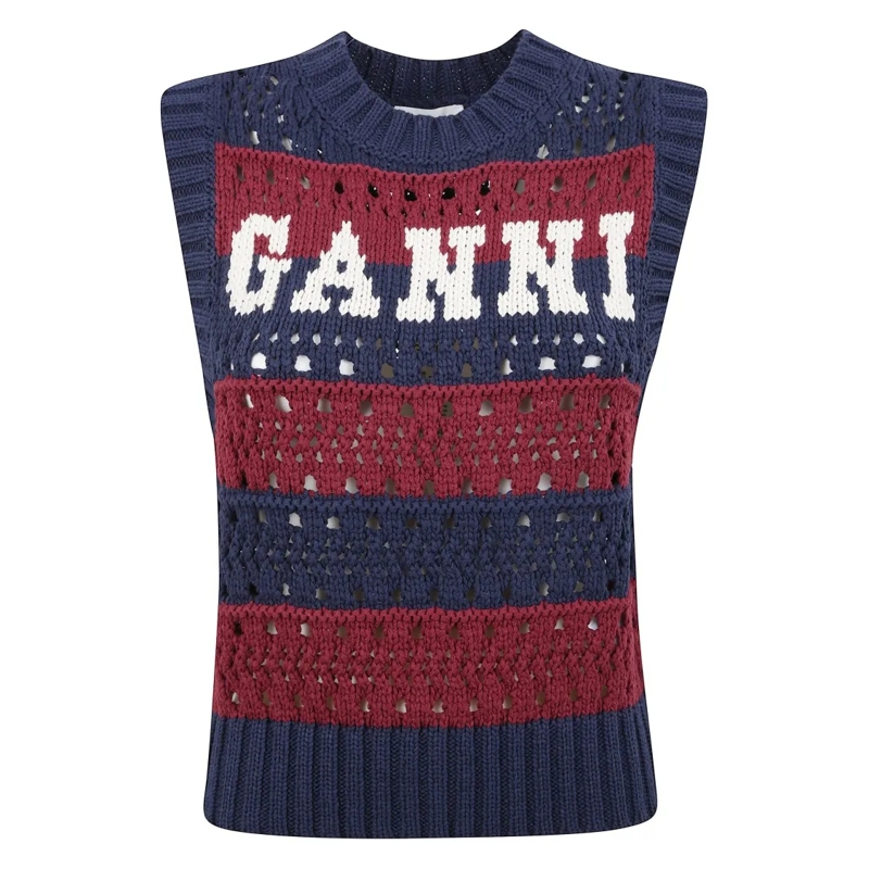 GANNI Bluse Sleeveless Ribbed Striped Top Grey