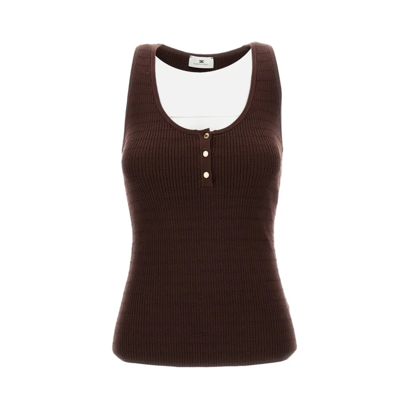 Elisabetta Franchi Blouse Ribbed Knit Top With Gold-Tone Button Detail Brown