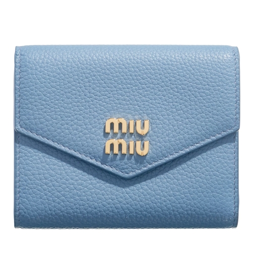 Miu Miu Leather Folding Wallet Logo Blue Vikbar plånbok