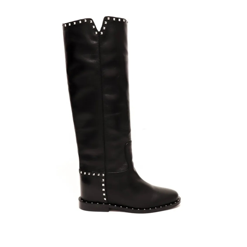 Via Roma 15 Bottes High Black Leather Boots With Silver Stud Accents Black