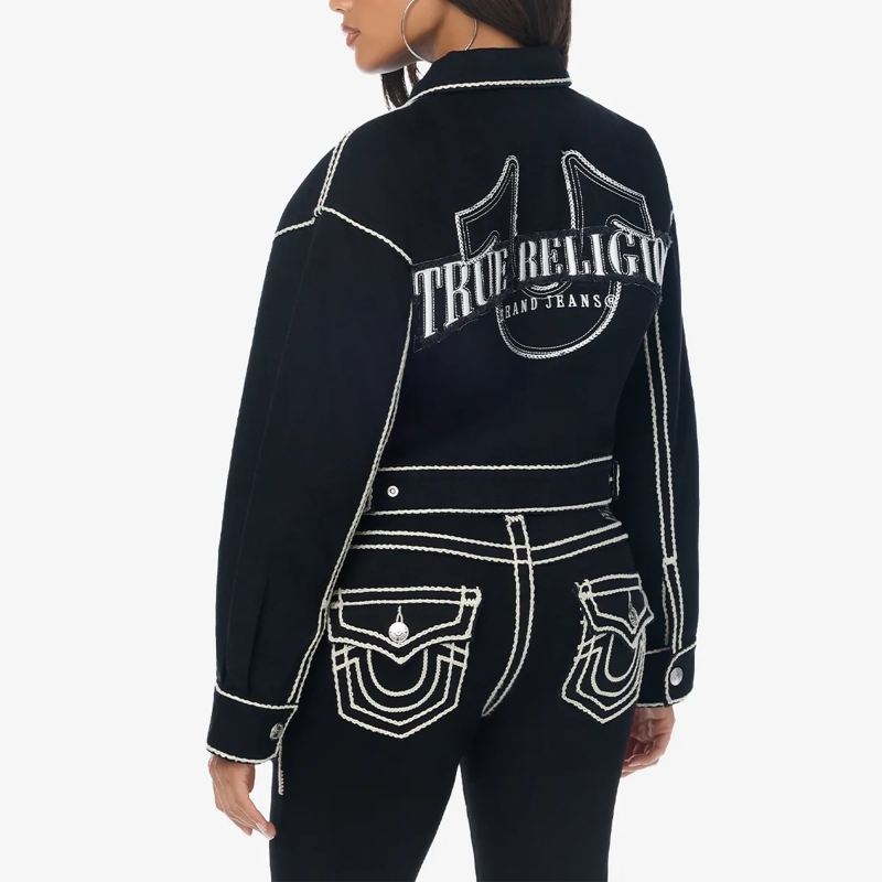 True Religion Jeansjacke - Gerader Schnitt- Verkürzte Form- Weiße Ziernäh schwarz(Image 3)