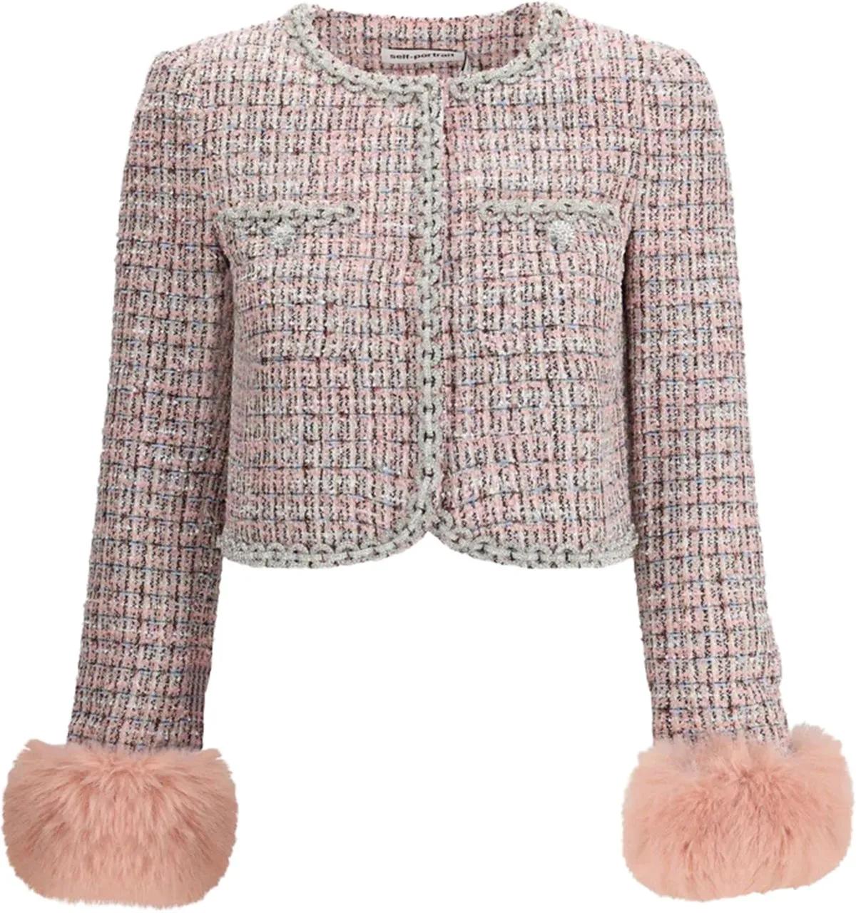 Self Portrait Cropped Textured Tweed Jacket With Plush Cuffs Pink ...
