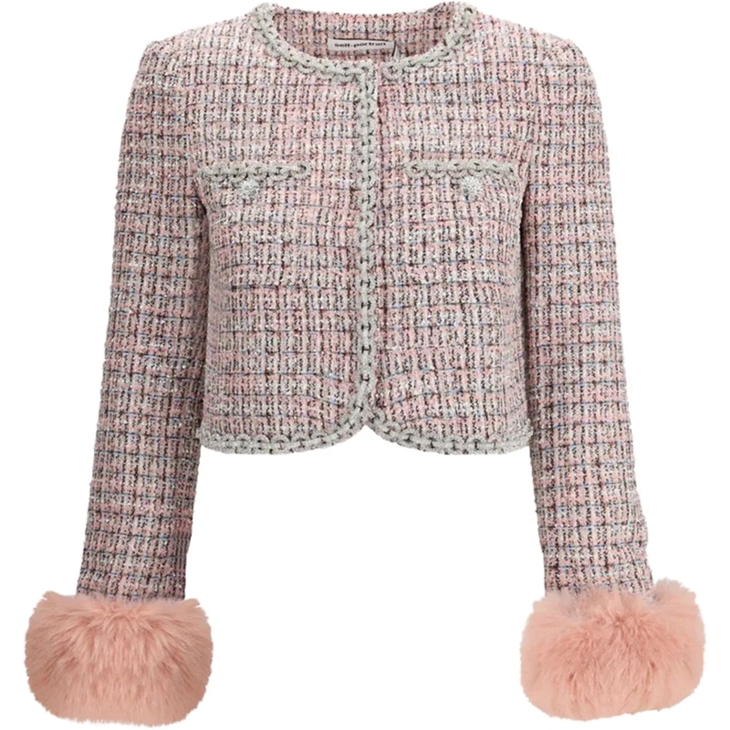Self Portrait Overgangsjas Cropped Textured Tweed Jacket With Plush Cuffs Pink