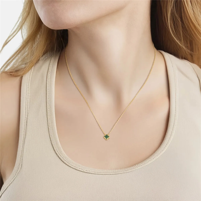 Glanzstücke München Mittellange Halskette Edelstahl Halskette Malachit (synth.) Kleeblatt gold(Image 2)