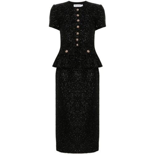 Self Portrait Black Tinsel-Boucle Midi Dress Black Midi Jurken