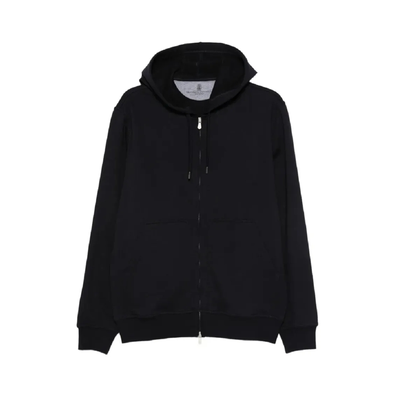 Brunello Cucinelli  Zippered Hoodie With Drawstring Hood And Ribbed De Black