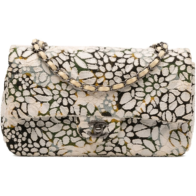 Chanel Schultertasche Medium Classic Chevron Tweed Floral Double Flap weiß