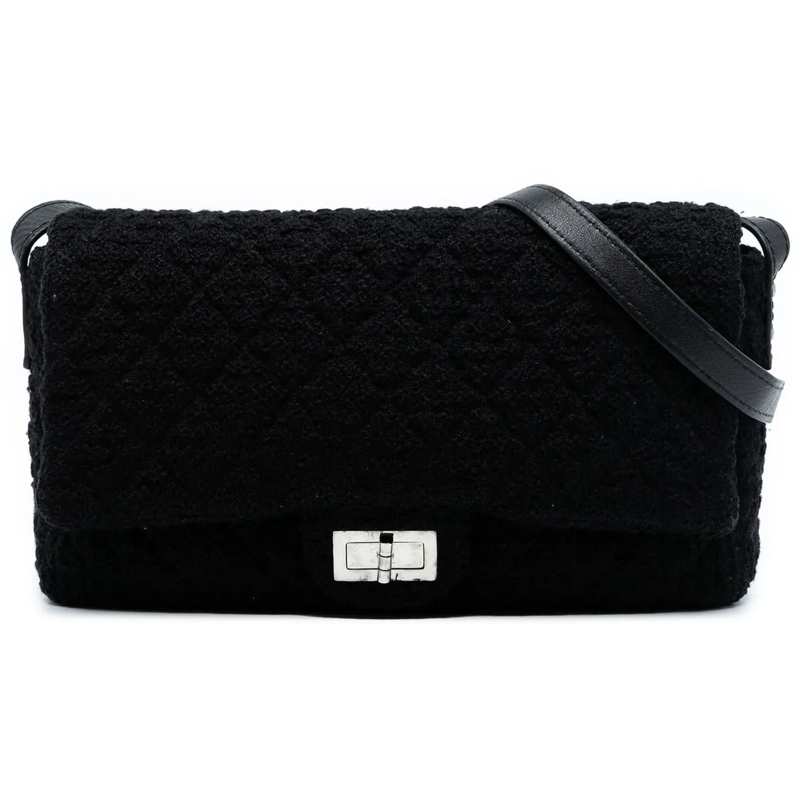 Chanel Schultertasche Jumbo Reissue 2.55 Quilted Tweed Easy Messenger Fl schwarz