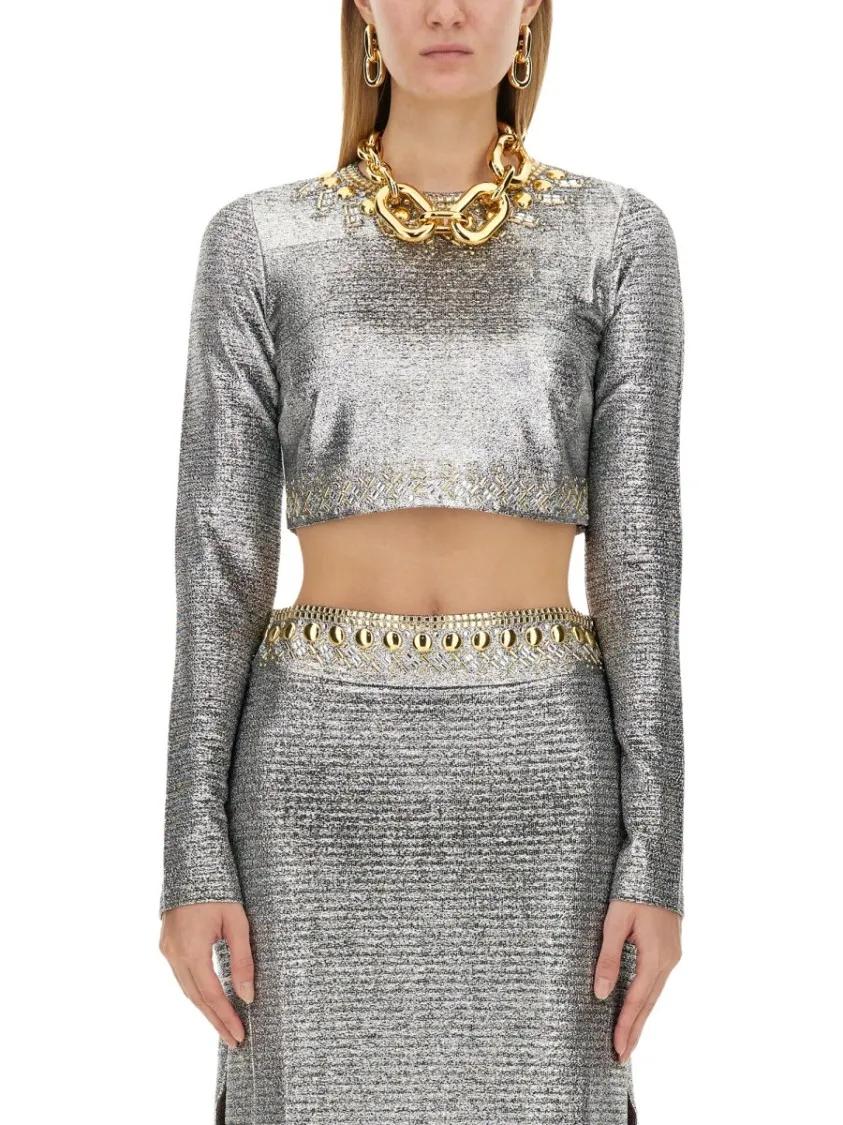 Thumbnail - Paco Rabanne - Metallic Silver Cropped Top - Größe 38 - silberfarben