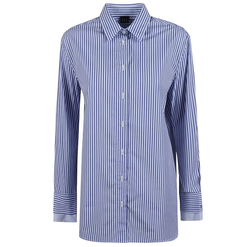 Fay Chemise Blue Vertical Stripe Cotton Shirt With Button-Down Blue