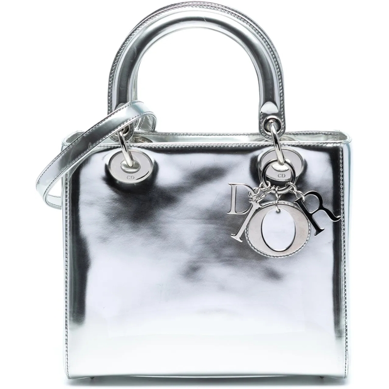 Christian Dior Schultertasche Medium Metallic Patent Lady Dior silber