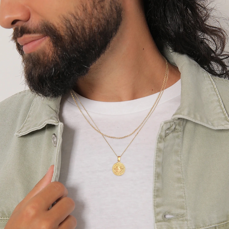 Kuzzoi Mittellange Halskette Halskette Herren Layer Erbskette Kompass 925 Silbe gold(Image 7)