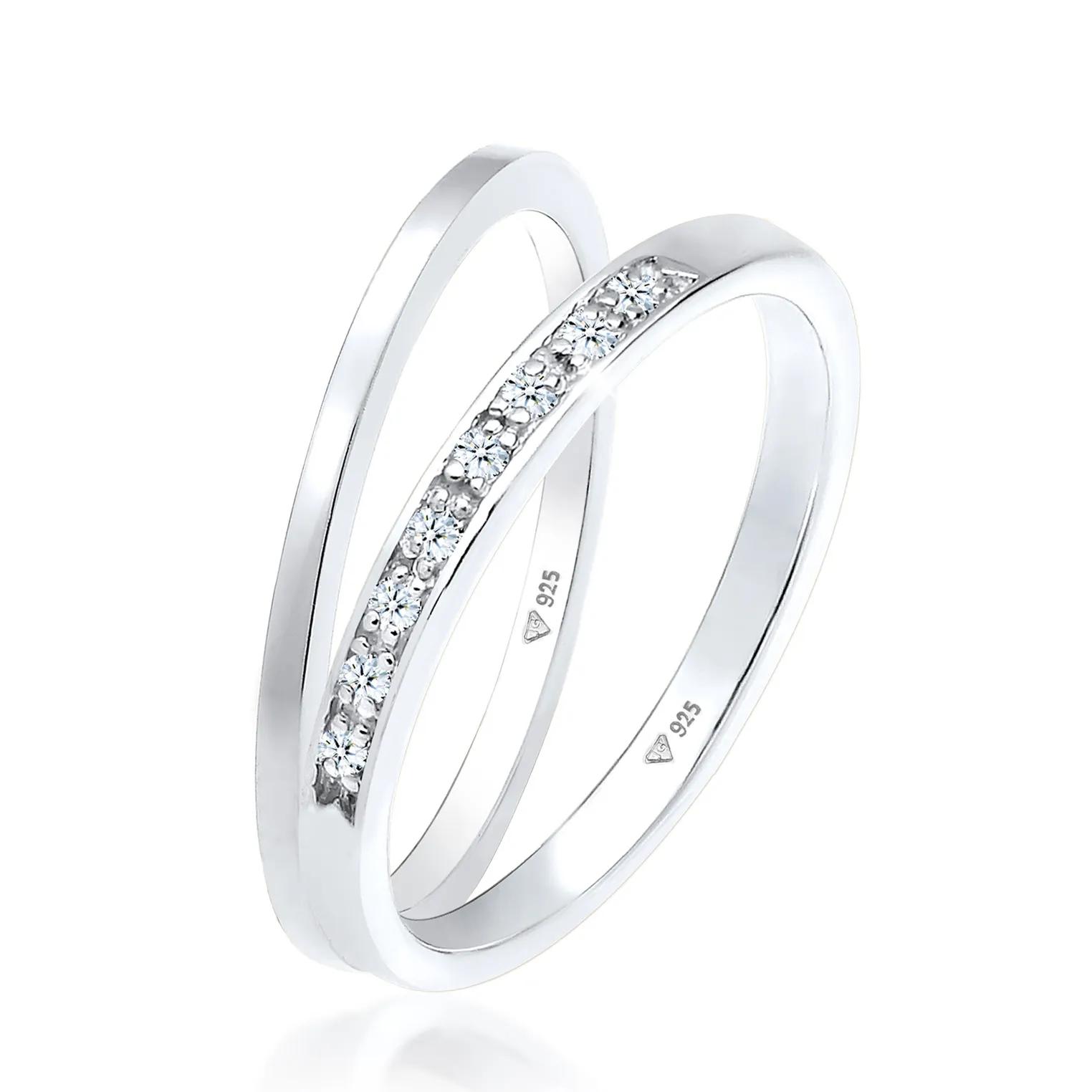 Elli Ringe - Ring Basic Memoire Diamant (0.04 ct) 2er Set 925 S - Gr. 52 MM - in Silber - für Damen