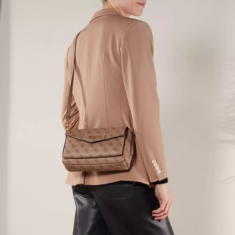 Guess Satchel Eco Brenton Flap Shoulder Bag Latte Logo(Image 3)