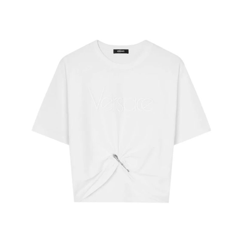 Versace T-Shirt Cropped T-Shirt With 1978 Logo And Safety Pin Deta White