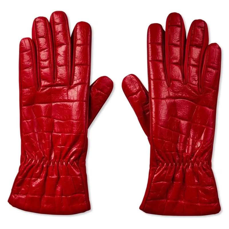 Bottega Veneta Gants Croc Embossed Logo Leather Gloves rot