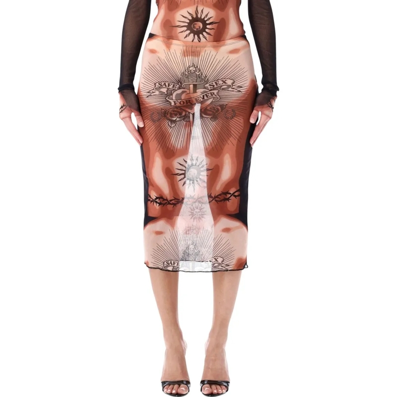 Jean Paul Gaultier Midirok Re-Edition Safe Sex Tattoo Mesh Skirt Brown